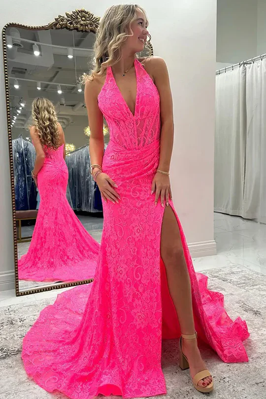 Pink Halter V-neck Graduation Party Dresses, Lace Mermaid Newest Long ClaireBridal Pink Halter V-neck Graduation Party Dresses, Lace Mermaid Newest Long ClaireBridal