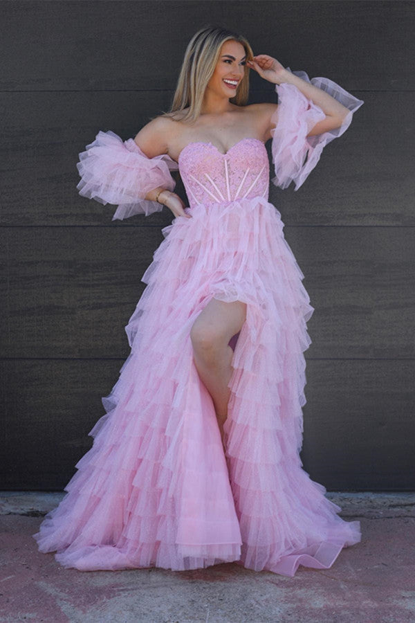 open lace back dress Fluffy Beading Evening Gowns Fur Cap Sleeve Prom Gown main image 1