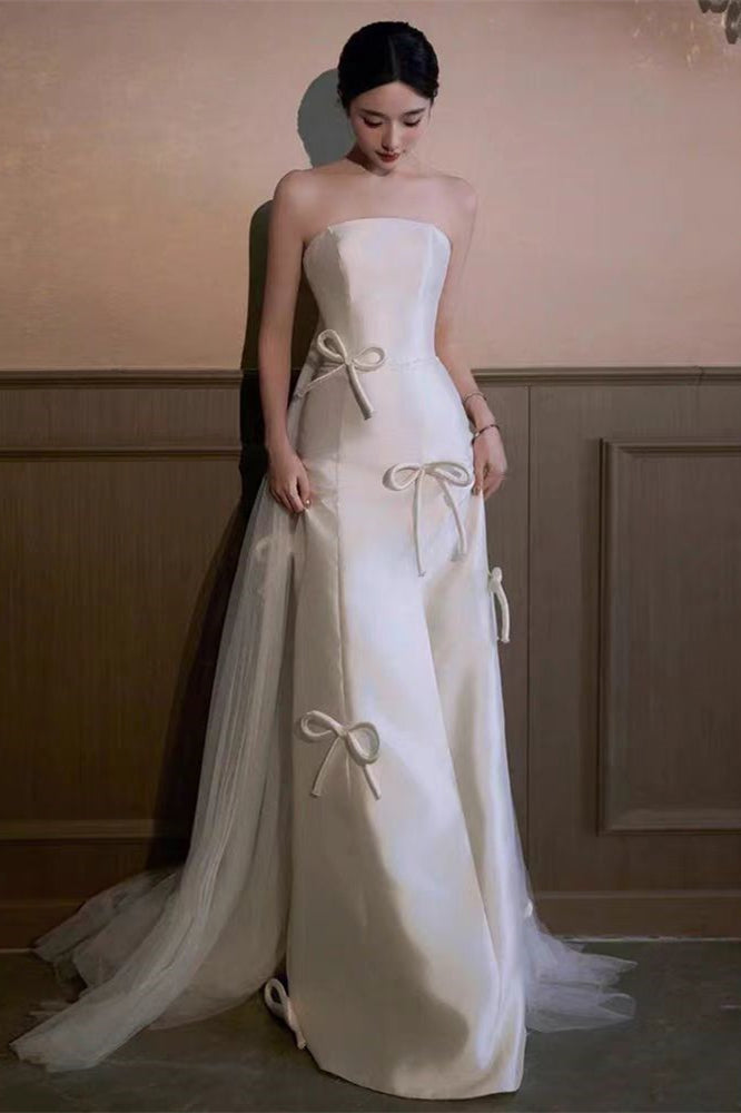 Strapless Satin Wedding Dresses With Bows, Simple Elegant Wedding Dres –  ClaireBridal