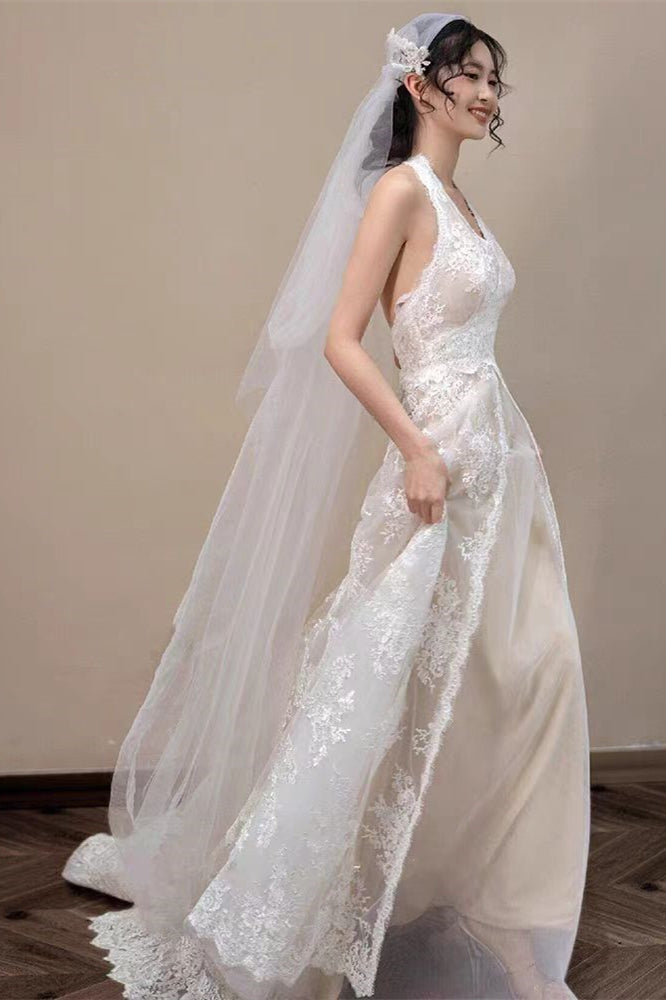 Plunge A-line Lace Wedding Dresses, Halter Classic Wedding Gown, Brida   ClaireBridal