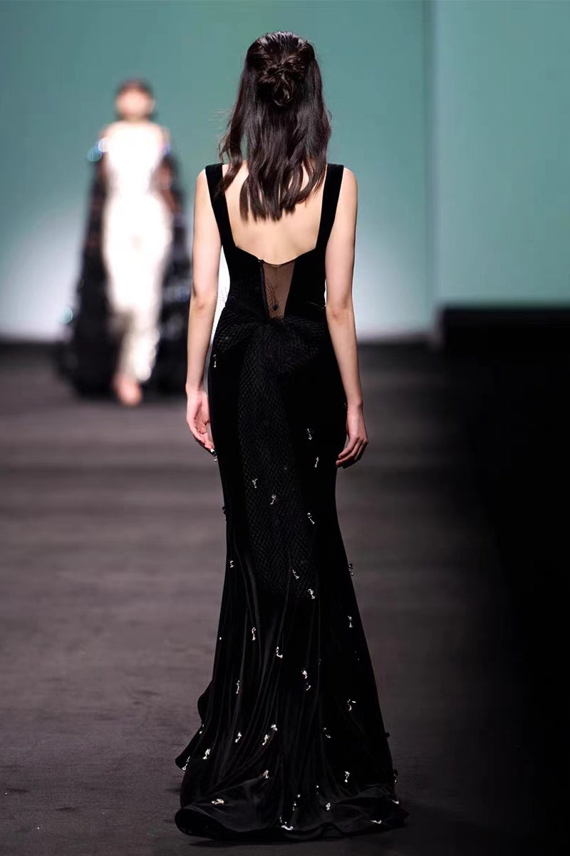 open lace back dress Zapaka Women Black Evening Dress Mermaid Off The Shoulder Velvet Long Formal Dress, Black / US10 main image 0