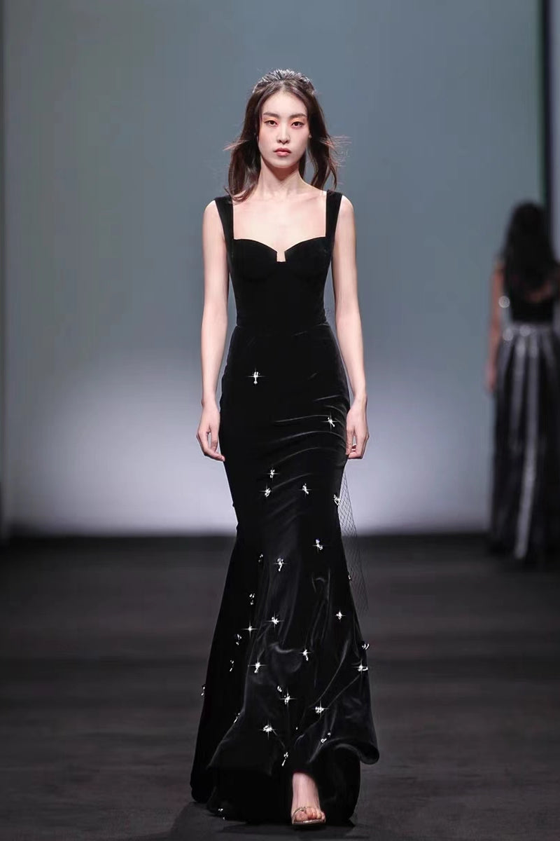 black velvet mermaid prom dress Black Velvet Mermaid Prom Dresses, Elegant Black Dresses, Formal Wear, –  ClaireBridal