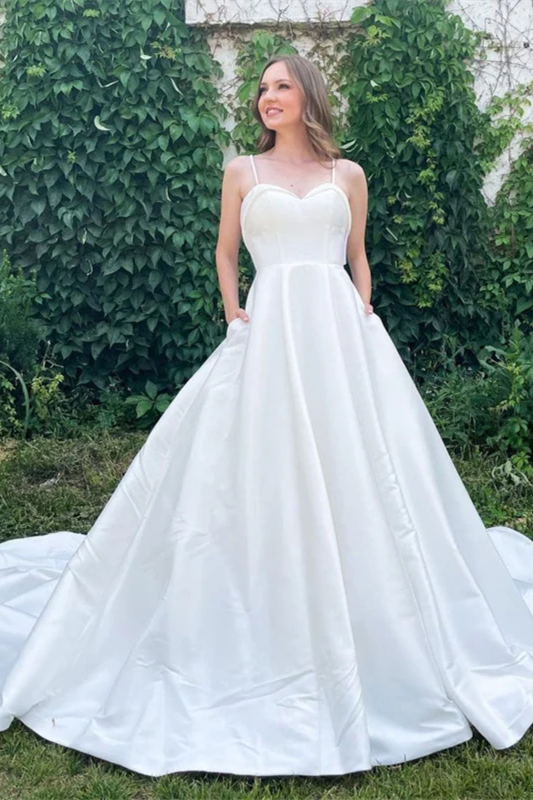 Spaghetti Sweetheart Satin Wedding Dresses, A-line Satin Bridal Gown, ClaireBridal Spaghetti Sweetheart Satin Wedding Dresses, A-line Satin Bridal Gown, ClaireBridal