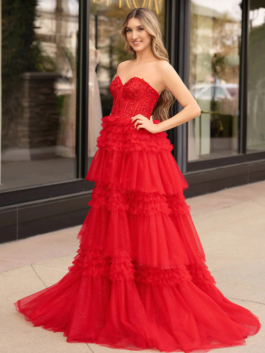 A-line Luxury Red Color Wedding Dresses, Strapless Newest Long Prom Dr – ClaireBridal
