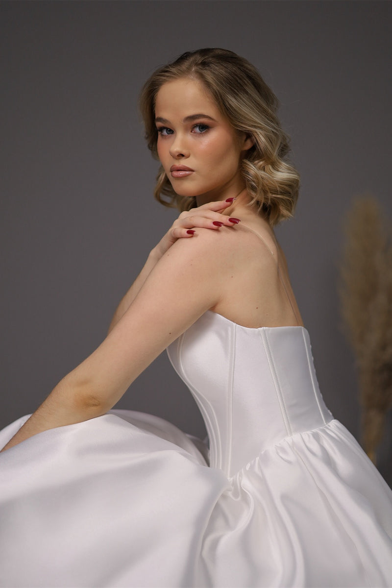 strapless satin mini dress in ivory Ivory Strapless Mini Dress