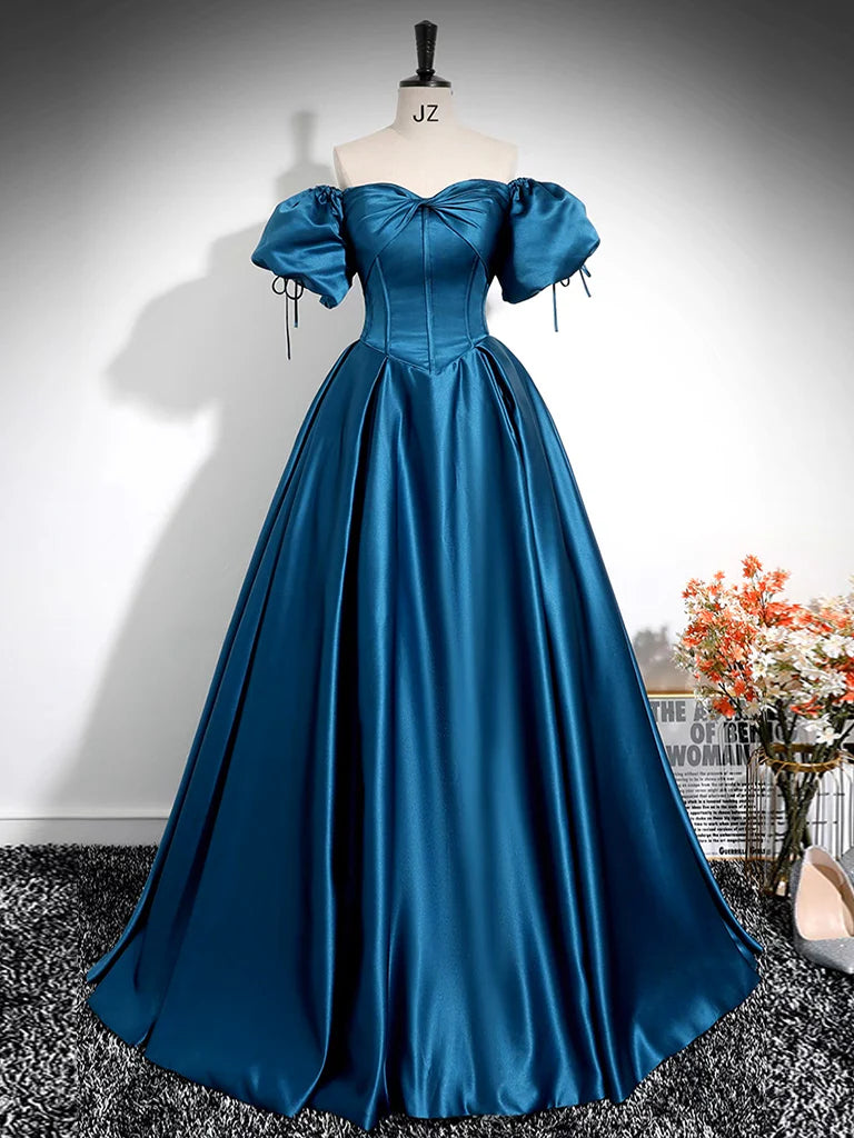 A-line Puffy Sleeves Satin Prom Dresses, Corset Evening Dresses, Newes   ClaireBridal