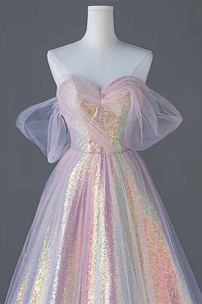 Yellow tulle sequin long prom dress, off shoulder formal dress main image 0