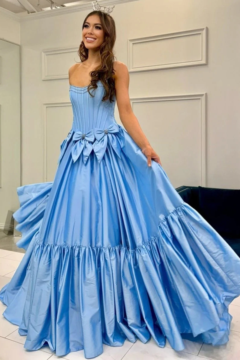 gorgeous princess prom dresses Ocean Blue Strapless Sparkle Beads Tulle Princess Prom Party Gowns