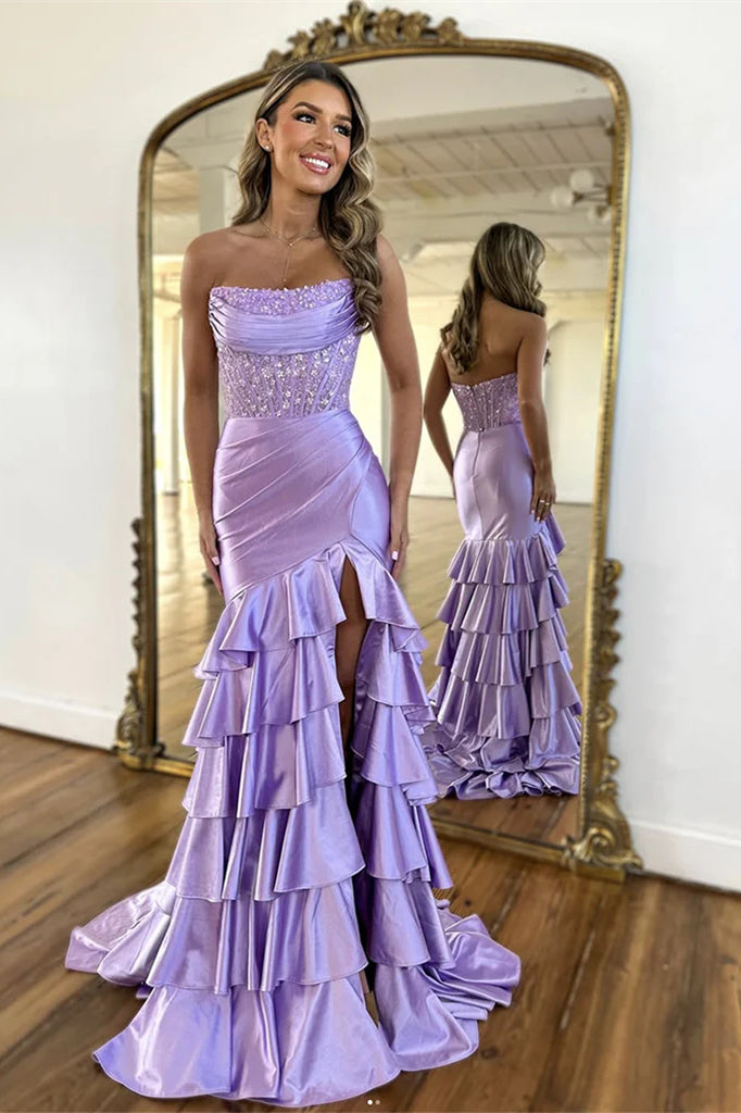 Strapless Lilac Long Mermaid Soft Satin Layers Prom Dresses, Beaded Pr –  ClaireBridal