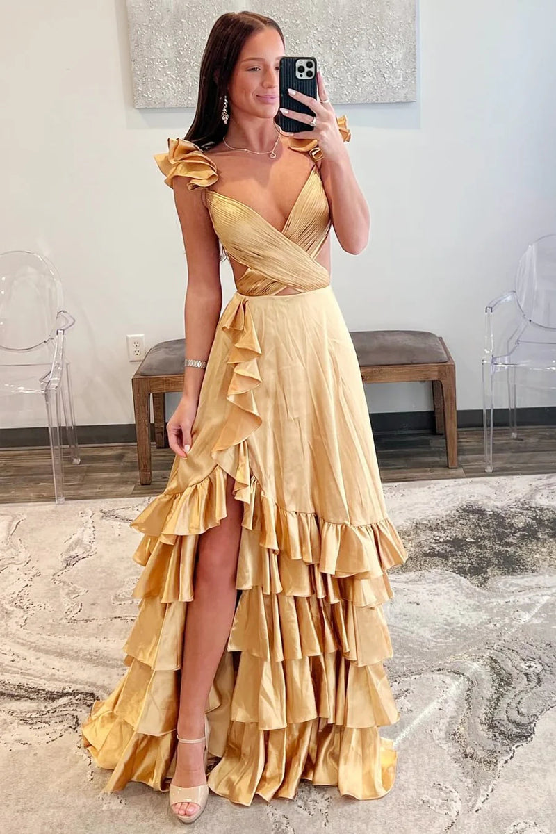 Gold Cutout Ruffle Prom Dresses, Lovely Long Prom Dresses, Newest 2025