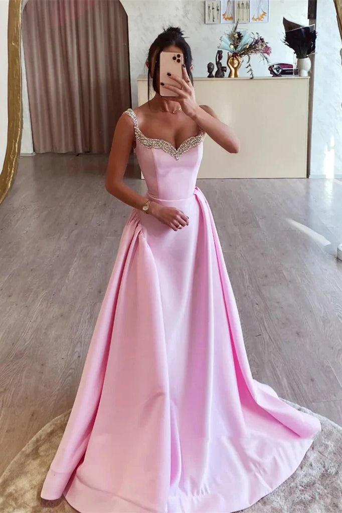 A-line Pink Satin Prom Dresses WIth Beaded Neckline, Princess Party Da ClaireBridal A-line Pink Satin Prom Dresses WIth Beaded Neckline, Princess Party Da ClaireBridal