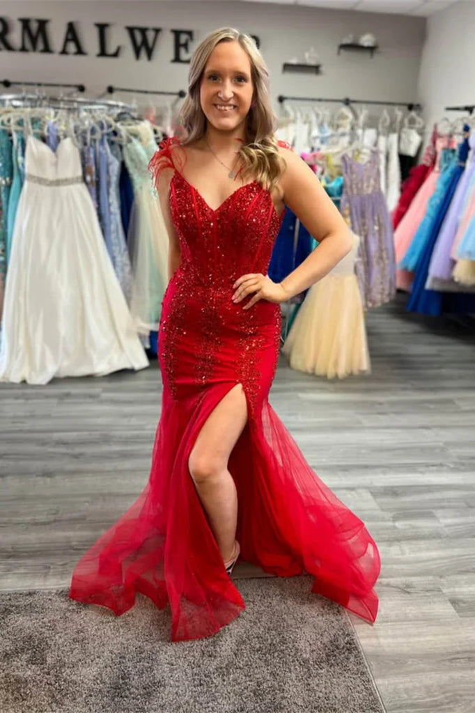 Spaghetti Lace Sequin Beaded Red Mermaid Prom Dresses, Newest Formal E ClaireBridal Spaghetti Lace Sequin Beaded Red Mermaid Prom Dresses, Newest Formal E ClaireBridal
