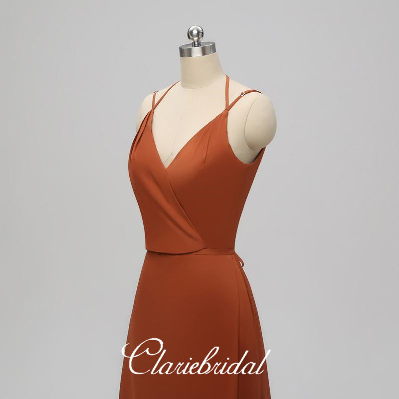 V-neck Sheath Elastic Satin Long Bridesmaid Dresses – ClaireBridal