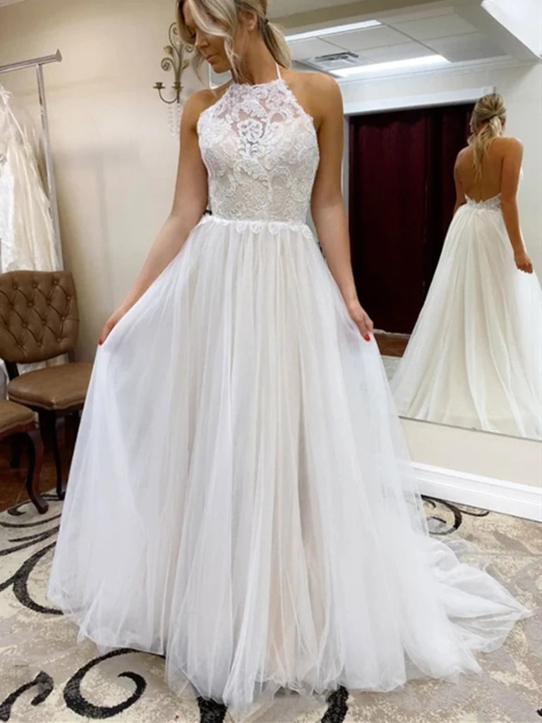 Hlater Long A-line Wedding Dresses, Illusion Lace Top Wedding Dresses,   ClaireBridal