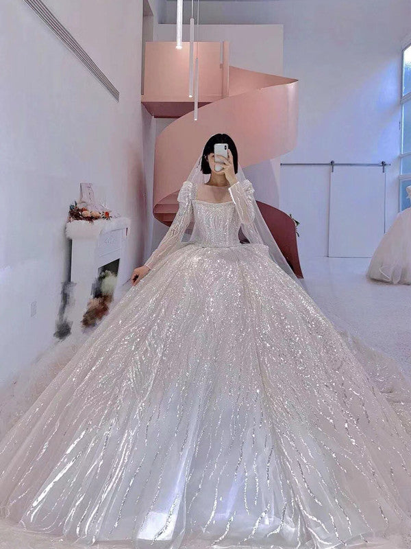 Long Sleeves Luxury Bling Wedding Dresses, Shiny A-line Quality Bridal ClaireBridal Long Sleeves Luxury Bling Wedding Dresses, Shiny A-line Quality Bridal ClaireBridal