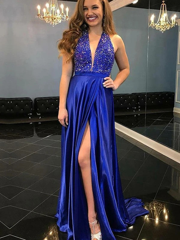 Royal Blue Halter Rhinestones Long Prom Dresses, High Slit Newest Prom – ClaireBridal