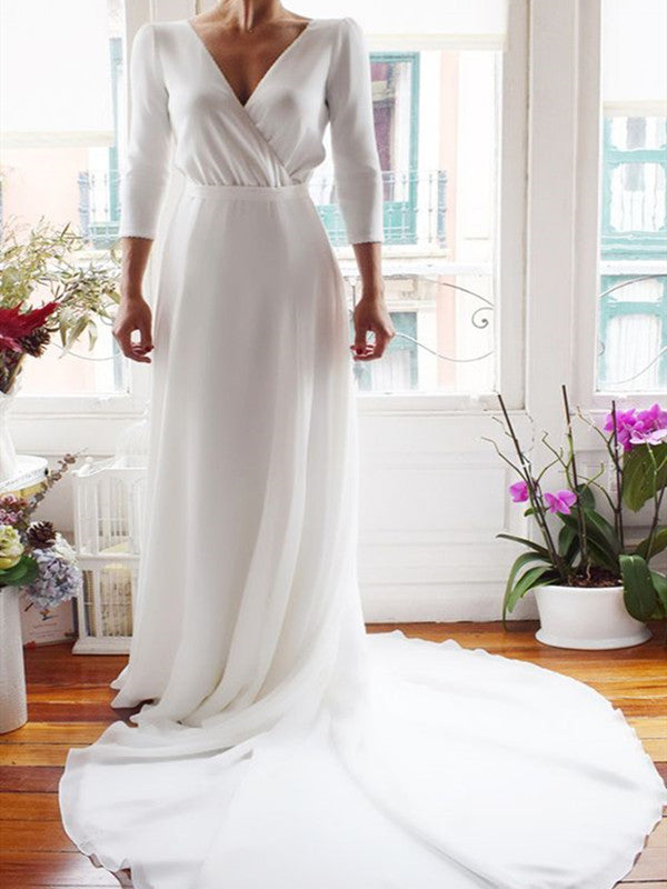 V-neck Simple Wedding Dresses, 3/4 Sleeves 2020 Long Wedding Dresses – ClaireBridal