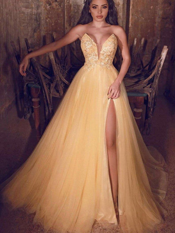High Side Slit Tulle 2020 Prom Dresses, Lace Strapless Long Prom Dress ClaireBridal High Side Slit Tulle 2020 Prom Dresses, Lace Strapless Long Prom Dress ClaireBridal
