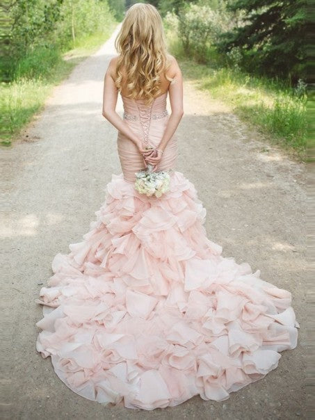 Sweetheart Long Mermaid Blush Pink Wedding Dresses, Organza Wedding Dr – ClaireBridal