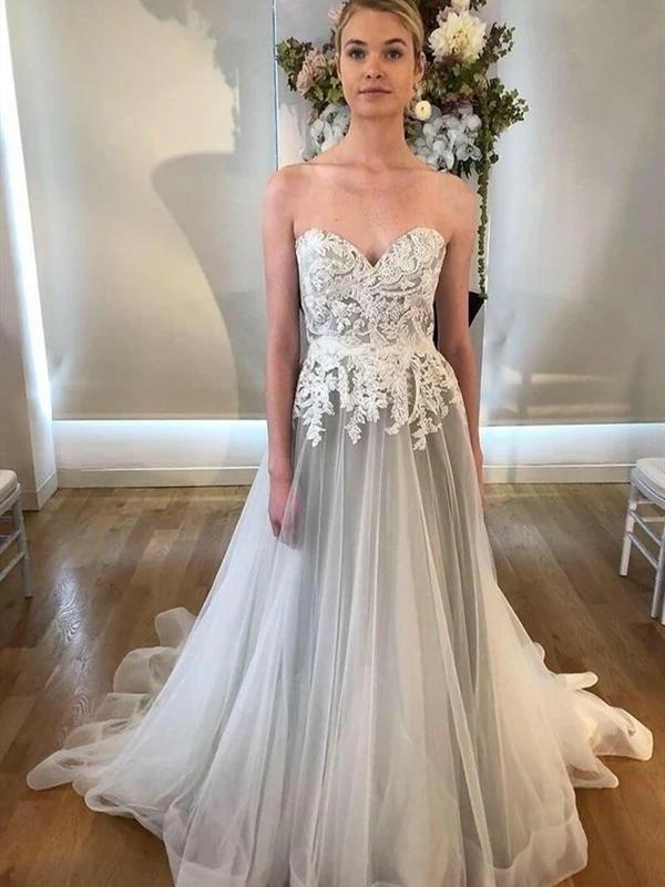 Sweetheart Long A-line Lace Wedding Dresses, Light Grey Wedding Dresse ClaireBridal Sweetheart Long A-line Lace Wedding Dresses, Light Grey Wedding Dresse ClaireBridal