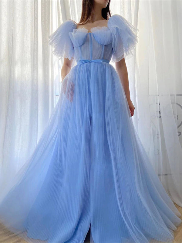 beautiful prom dresses 2021 Chic / Beautiful Sky Blue Satin Prom Dresses 2021 A-Line / Princess Off-The-Shoulder Short Sleeve Backless Floor-Length / Long Prom Formal Dresses