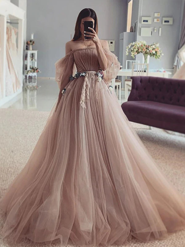 Off Shoulder Dark Nude Tulle Wedding Dresses, Country Wedding Dresses, 2021  Wedding Dresses, Bridal Gown
