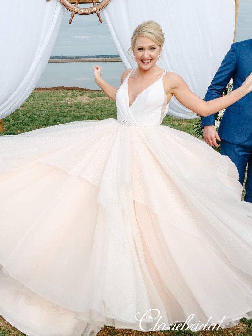V-neck Blush A-line Tulle Beaded Long Wedding Dresses – ClaireBridal