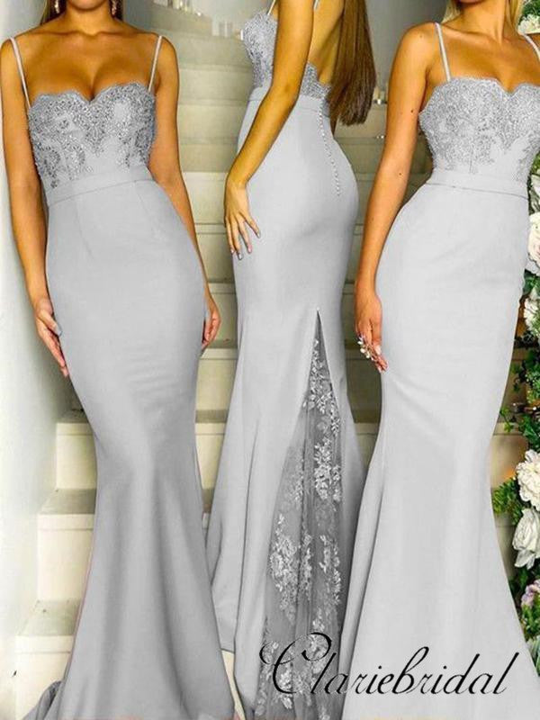 Spaghetti Long Mermaid Grey Lace Beaded Bridesmaid Dresses Spaghetti Long Mermaid Grey Lace Beaded Bridesmaid Dresses
