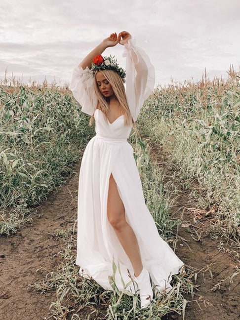 Detachable Sleeves Simple Ivory Prom Dresses, Wedding Dresses, Side Slit  Long Prom Dresses, 2022 Prom Dresses