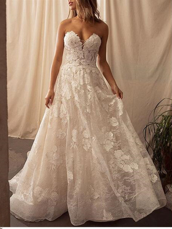 Strapless A-line Wedding Dresses, 2020 Sweetheart Lace Wedding Dresses ClaireBridal Strapless A-line Wedding Dresses, 2020 Sweetheart Lace Wedding Dresses ClaireBridal