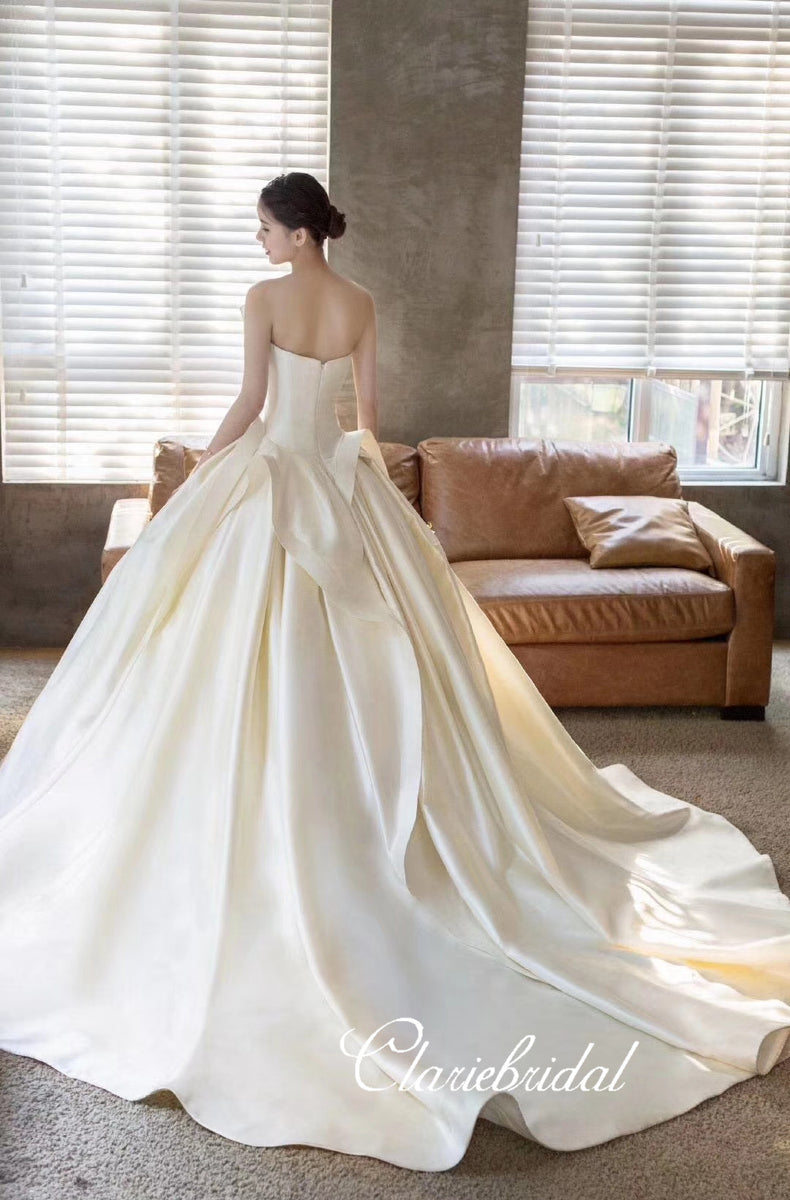 Dreamy Ball Gown Strapless Satin Chiffon Long Wedding Dresses C4267