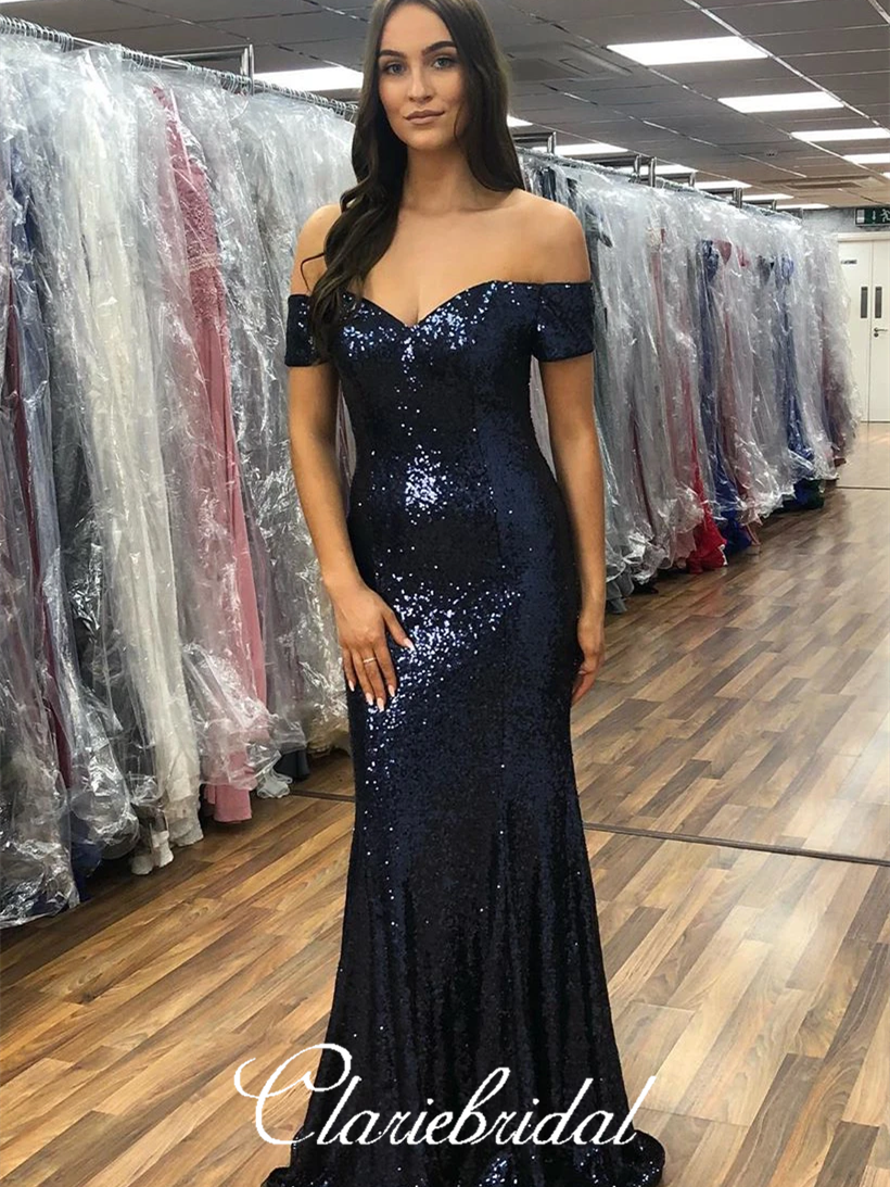 Off Shoulder Navy Sequin Prom Dresses, Mermaid Prom Dresses, Long Prom –  ClaireBridal