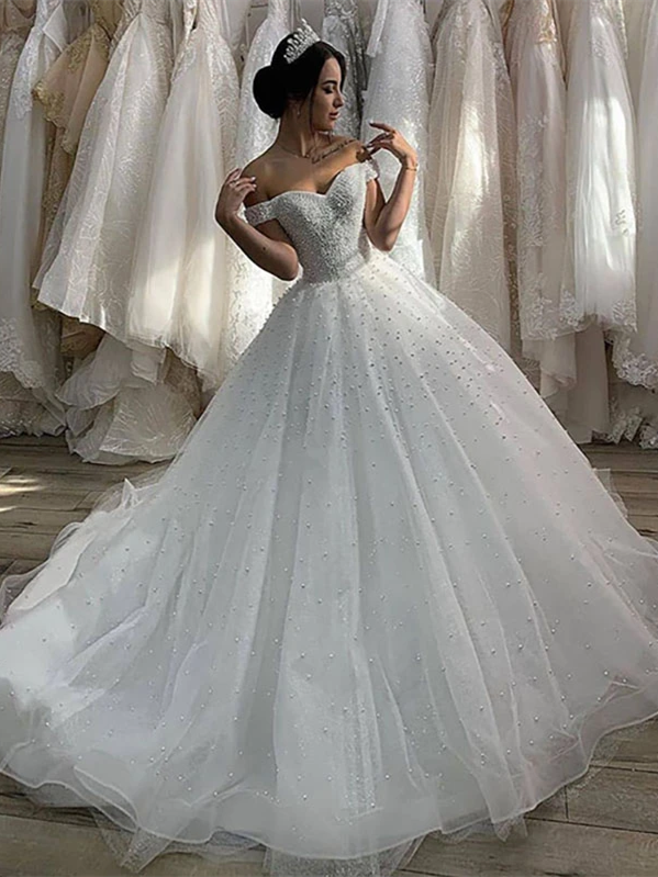 Off Shoulder Long A-line Wedding Dresses, Beaded Wedding Dresses, Lace ClaireBridal Off Shoulder Long A-line Wedding Dresses, Beaded Wedding Dresses, Lace ClaireBridal