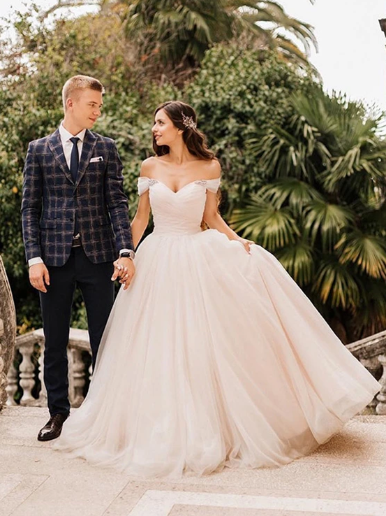 off the shoulder wedding dress long train Off Shoulder Tulle Long A-line Wedding Dresses, Little Train Wedding D –  ClaireBridal