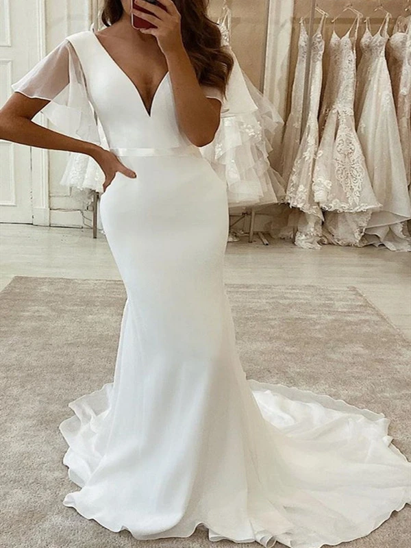 V-neck Long Mermaid Simple Chiffon Wedding Dresses, Long Wedding Dress –  ClaireBridal