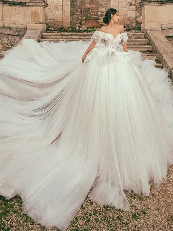 Off Shoulder Long A-line Fluffy Wedding Dresses, Lace Appliques Wedding Dresses, Bridal Gown Off Shoulder Long A-line Fluffy Wedding Dresses, Lace Appliques Wedding Dresses, Bridal Gown