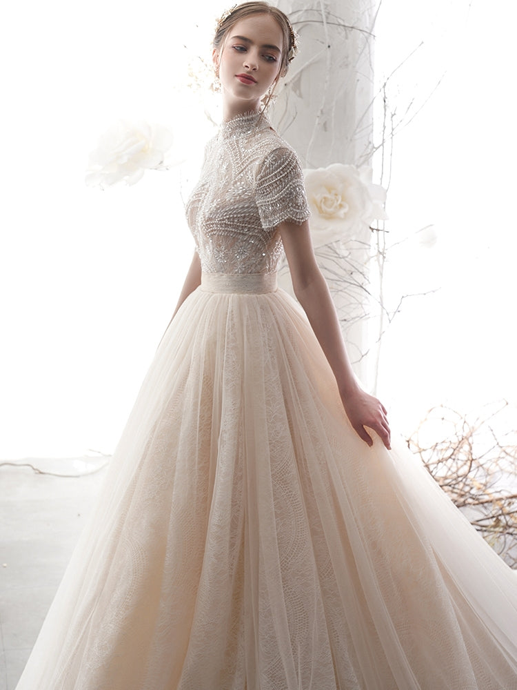 High Neck Long A-line Beaded Sequin Wedding Dresses, Lace Tulle Weddin ClaireBridal High Neck Long A-line Beaded Sequin Wedding Dresses, Lace Tulle Weddin ClaireBridal