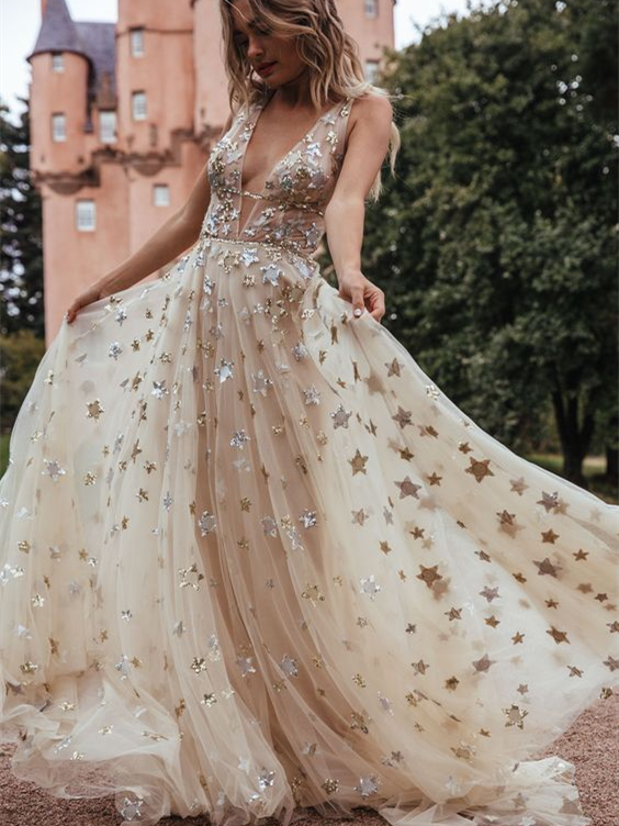 Deep V-neck Star Sequin Prom Dresses, Wedding Dresses, Newest Prom Dre   ClaireBridal