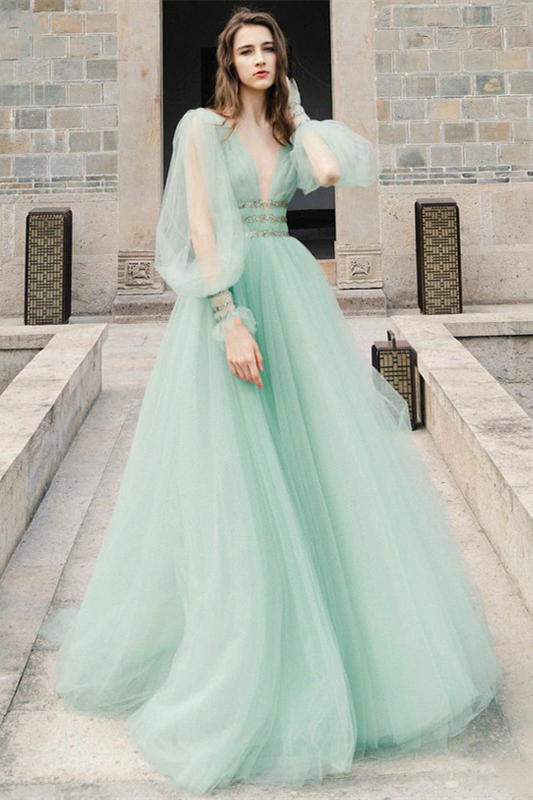 V neck Long A line Mint Green Tulle Prom Dresses Fairytale Prom