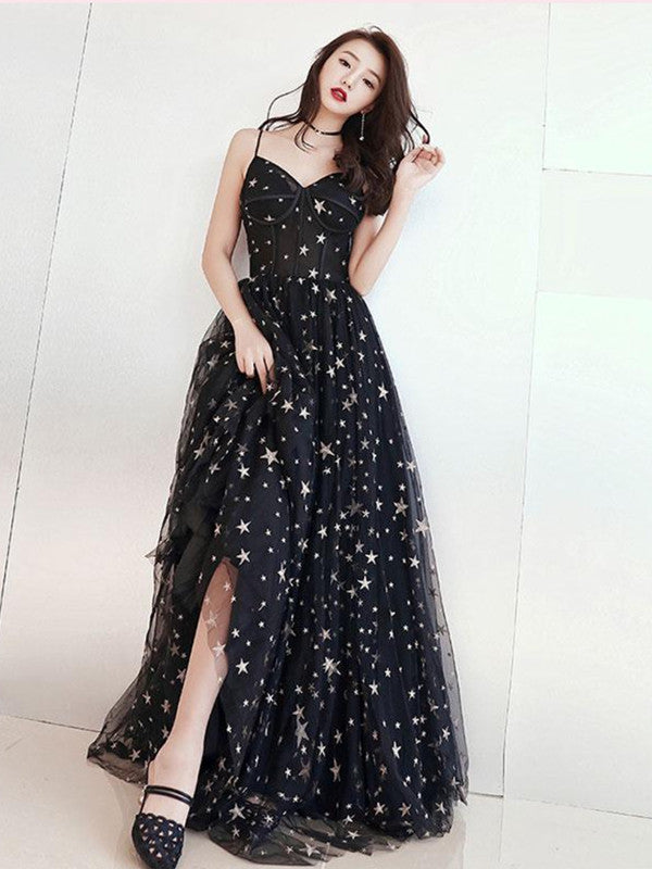 V Neck Stars Popular Long Prom Dresses, Black A-line Evening Dresses, –  ClaireBridal