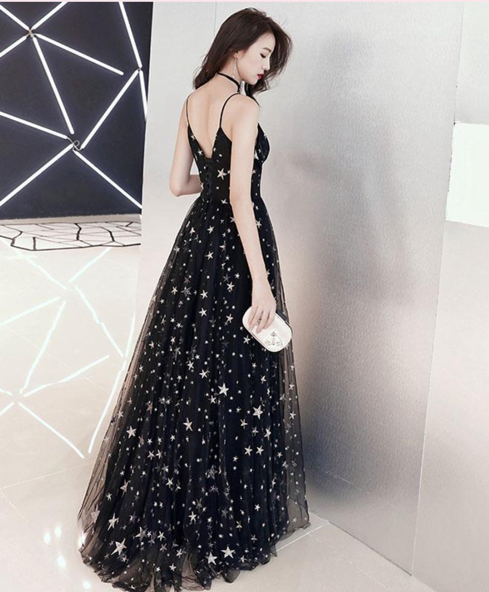 V Neck Stars Popular Long Prom Dresses, Black A-line Evening Dresses, –  ClaireBridal