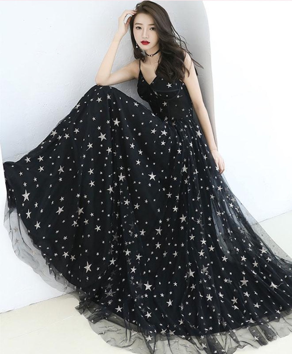 V Neck Stars Popular Long Prom Dresses, Black A-line Evening Dresses,   ClaireBridal