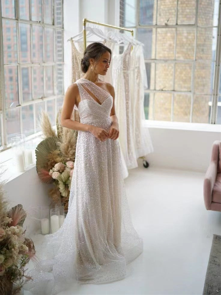 luxury sheath wedding dresses Gorgeous Sequin Tulle Long Sheath Wedding Dresses, Shiny Wedding Dresses,  Bridal Gown, Luxury Prom Dresses