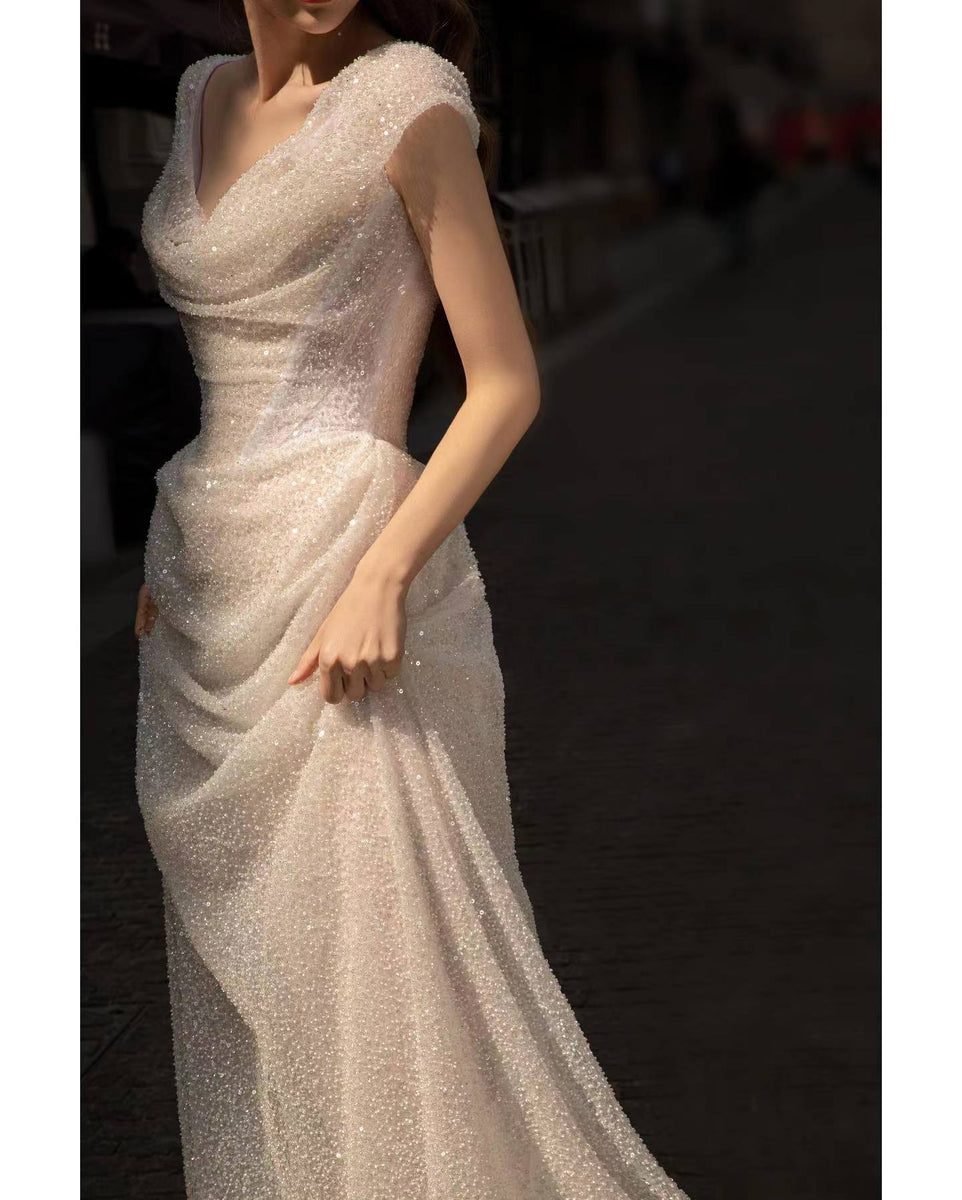 Off The Shoulder White Wedding Dress Shiny Evening Dress Y48 main image 1