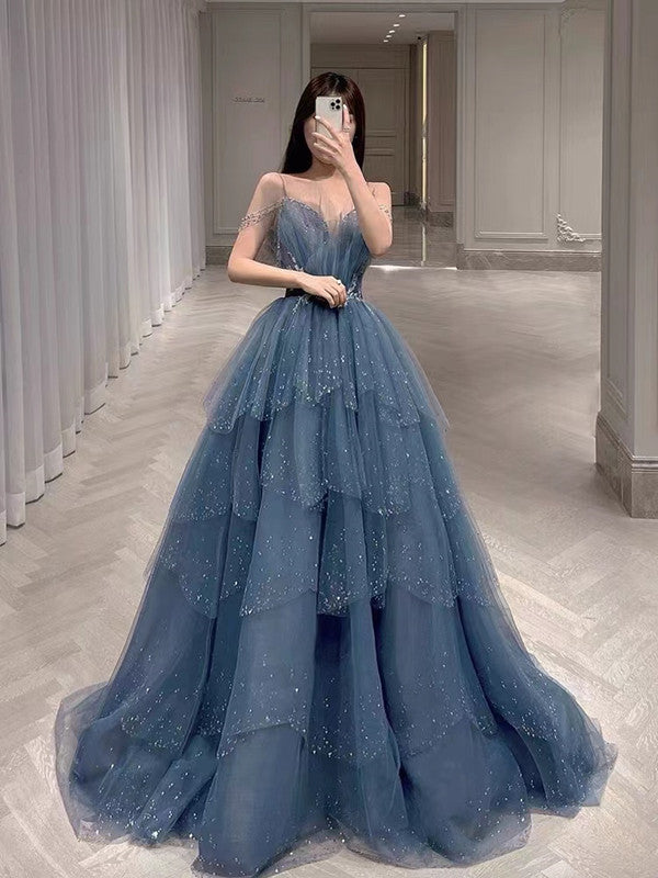 Dusty Blue Fluffy Ruffled Beaded Prom Dresses, Princess Prom Dresses, A-line Prom Dresses, Newest 2022 Prom Dresses, Party Dresses Dusty Blue Fluffy Ruffled Beaded Prom Dresses, Princess Prom Dresses, A-line Prom Dresses, Newest 2022 Prom Dresses, Party Dresses