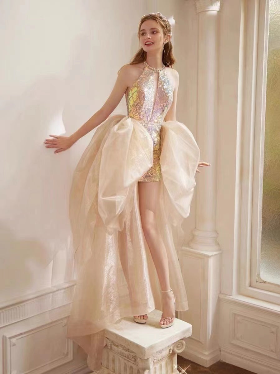 slim fit dress slacks Homecoming Short Two Piece Set Beaded Halter Prom Dress main image 1