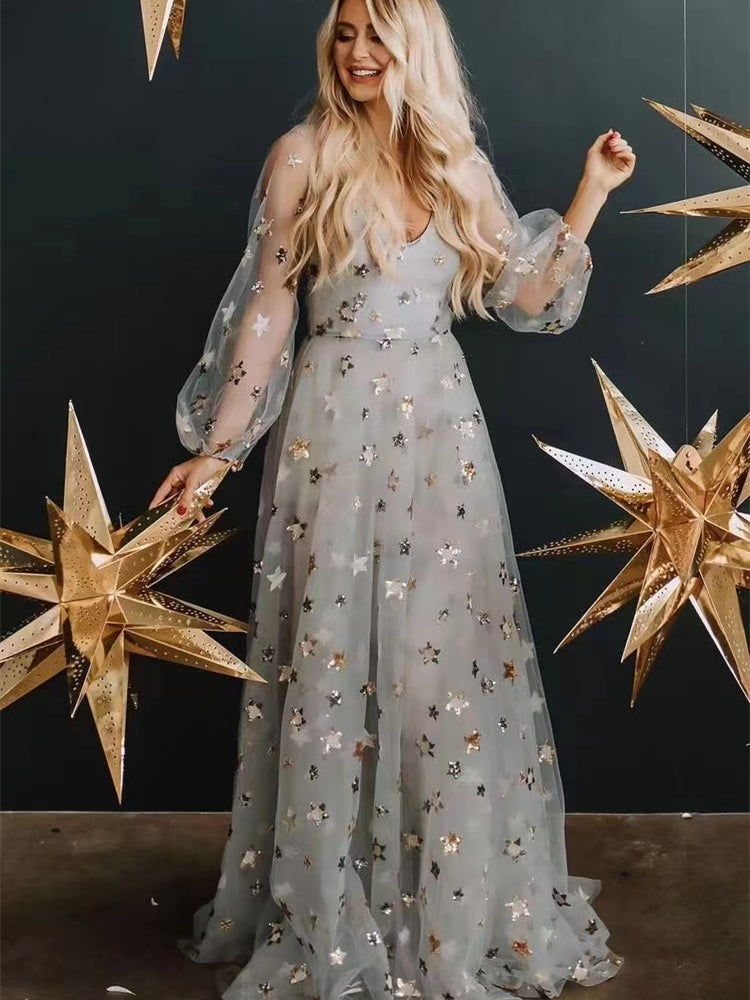 V-neck Grey Star Gown, A-line Prom Dresses, Long Sleeves Prom Dresses,   ClaireBridal