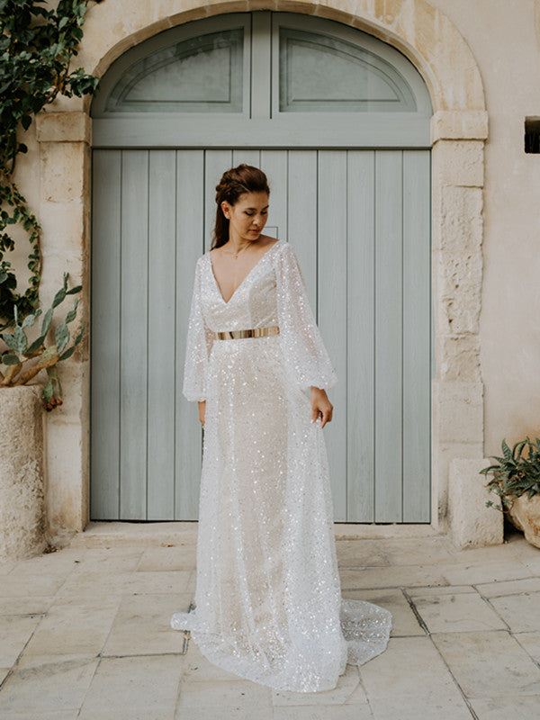 Long Sleeves Sequins Beaded Wedding Dresses, Simple Bridal Dresses, Ne –  ClaireBridal