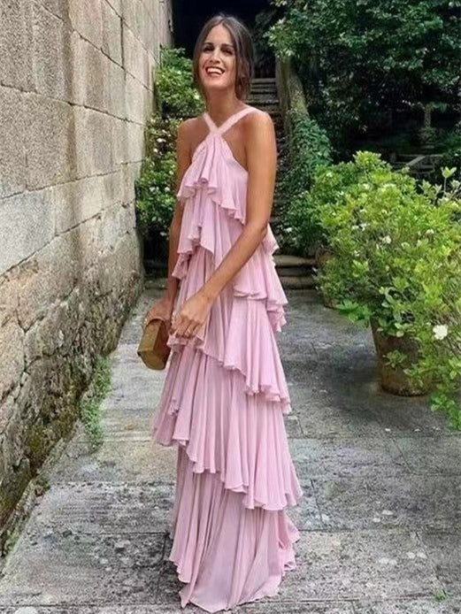 Ruffled Pink Cake Dresses, A-line Chiffon Prom Dresses, Beachy Prom Dr ClaireBridal Ruffled Pink Cake Dresses, A-line Chiffon Prom Dresses, Beachy Prom Dr ClaireBridal