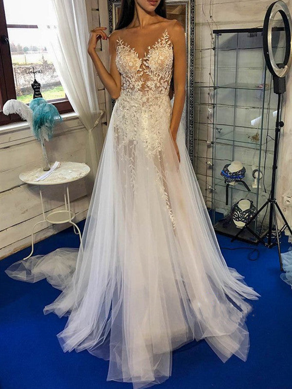 V-neck Elegant Lace Wedding Dresses, Newest See Through Lace A-line We ClaireBridal V-neck Elegant Lace Wedding Dresses, Newest See Through Lace A-line We ClaireBridal